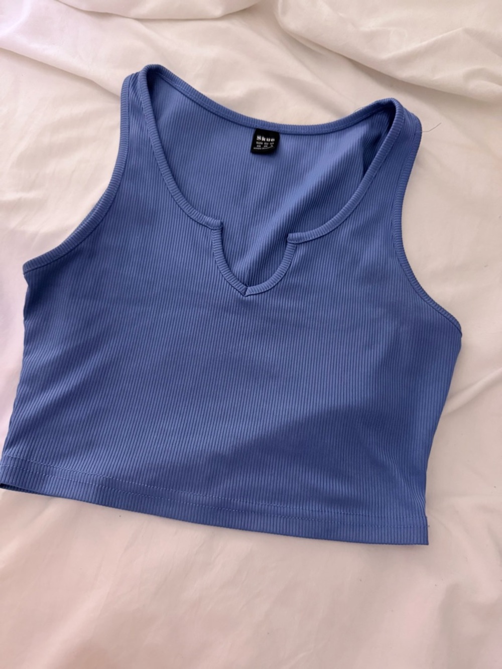 Blue Ribbed V-Notch Crop Tank Top - Skue